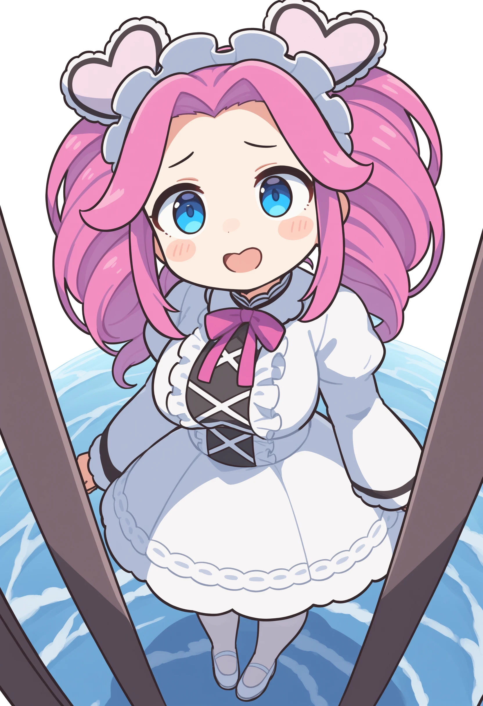 1girl,shikoku metan, voicevox,<lora:metan_XL_v1:0.5>,solo, blue eyes, pink hair, long sleeves, long hair, blush stickers, white dress, twintails, puffy sleeves, frills, twin drills, maid headdress,heart hair ornament,
from above, fisheye lens, looking up, giggling, oceans, open mouth,
masterpiece, best quality, very aesthetic, absurdres