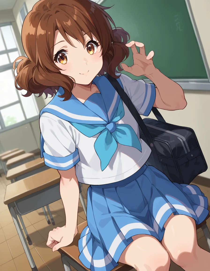 score_9, score_8_up, score_7_up, source_anime,
kumikooumae, <lora:kumiko-oumae-ponyxl-lora-nochekaiser:1>,
kumiko oumae, brown eyes, brown hair, short hair, wavy hair, smile,
skirt, shirt, school uniform, white shirt, short sleeves, pleated skirt, serafuku, sailor collar, blue skirt, neckerchief, blue sailor collar, school bag, blue neckerchief, kitauji high school uniform,
indoors, classroom, hallway, sitting, chair, desk,
looking at viewer, cowboy shot, dutch angle, dynamic pose,