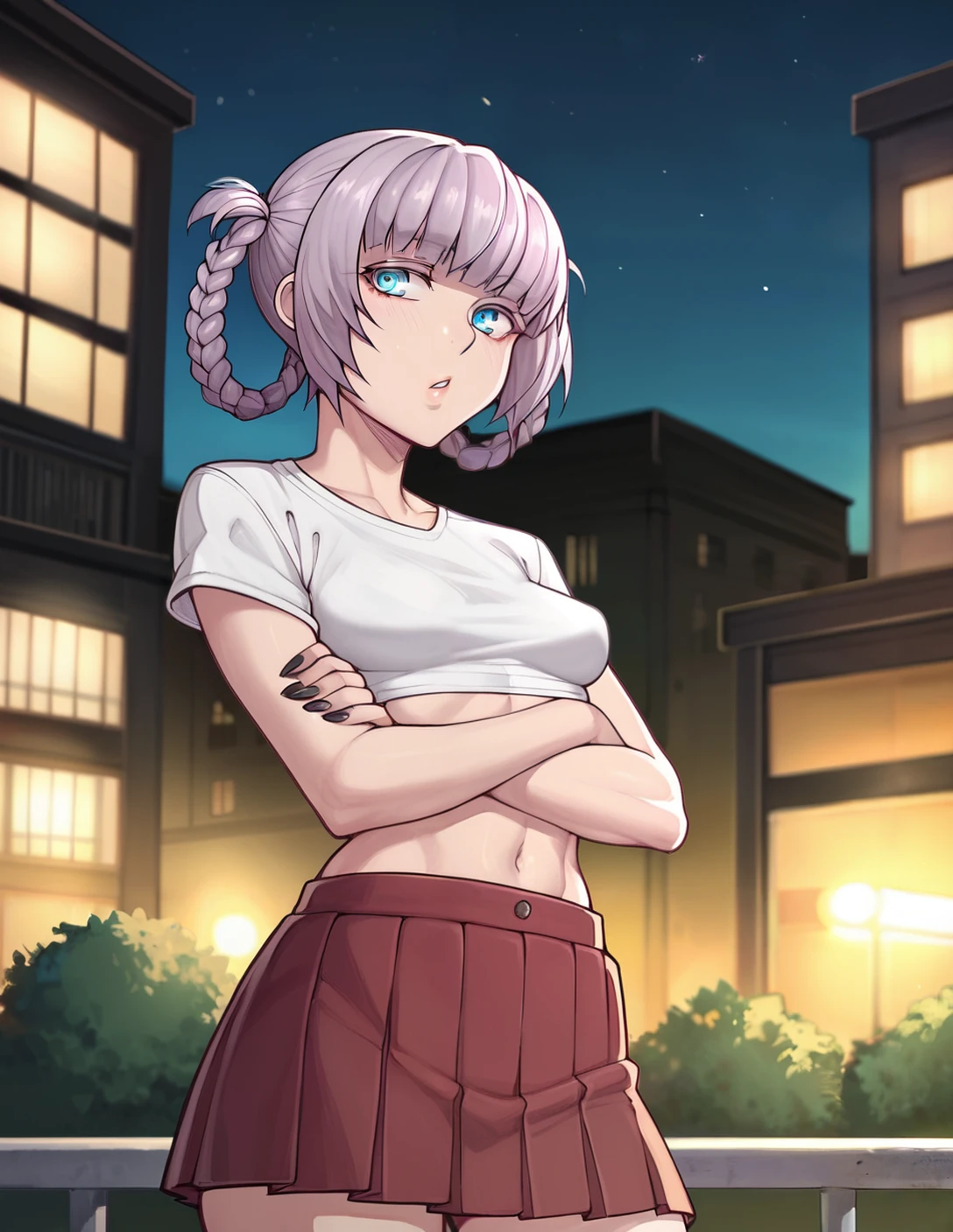 score_4, score_5, score_6, score_9, score_8_up, score_7_up, art_by_asura, <lora:nanakusa_nazuna:1>, nazunaxl, purple hair, braided hair rings, short hair, hair rings, blue eyes, ringed eyes, small breasts, white shirt, crop top, navel , miniskirt, pleated skirt, red skirt, striped, crossed arms, black nail polish, outdoors, night, city, cowboy shot,
