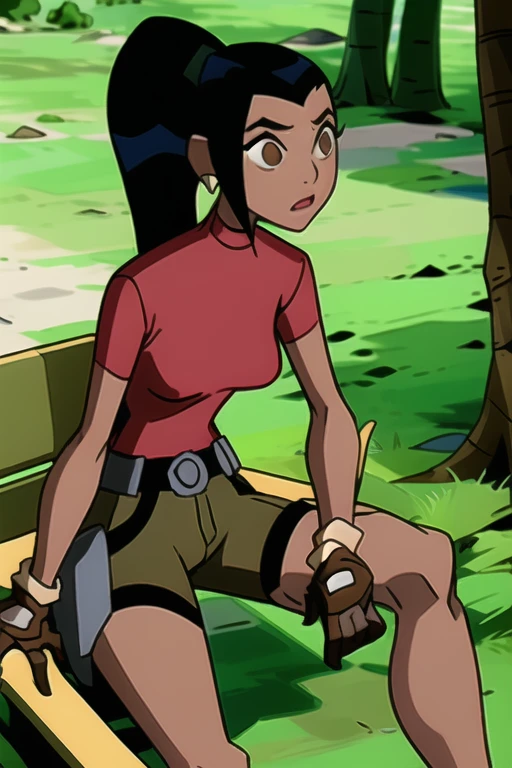 <lora:kaigreen:1> 1girl ,solo, black hair,pony tail, red shirt, brown eyes, brown gloves,jewelry, ponytail, sidelocks, earrings, belt,brown shorts, dark skin, dark-skinned female, turtleneck, sitting on bench, public park, daytime, trees background, grass background,, masterpiece, best quality