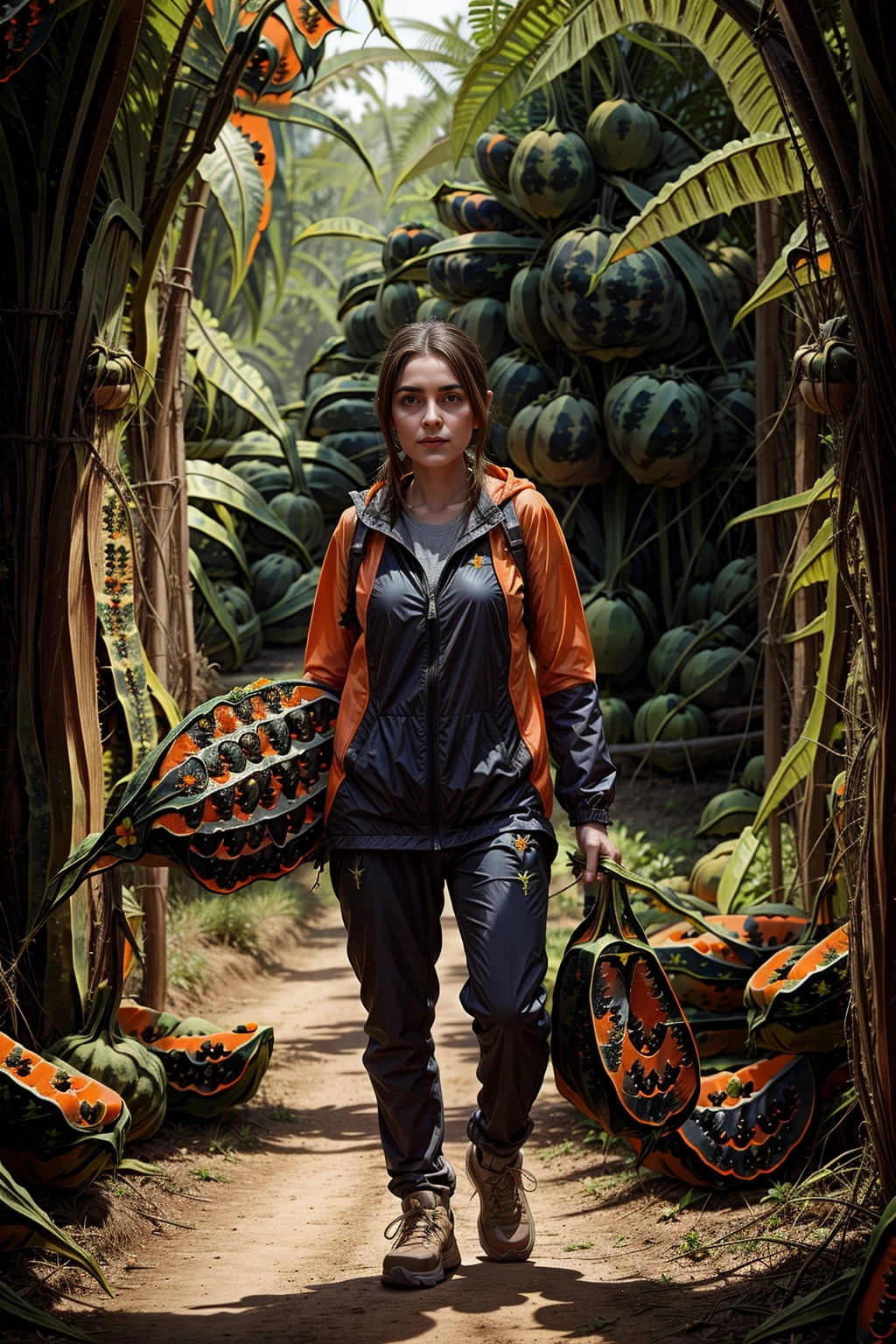 Beautiful girl, oval face, dressed in a sexy expedition poop, in the forest, with a DODO bird in her hand