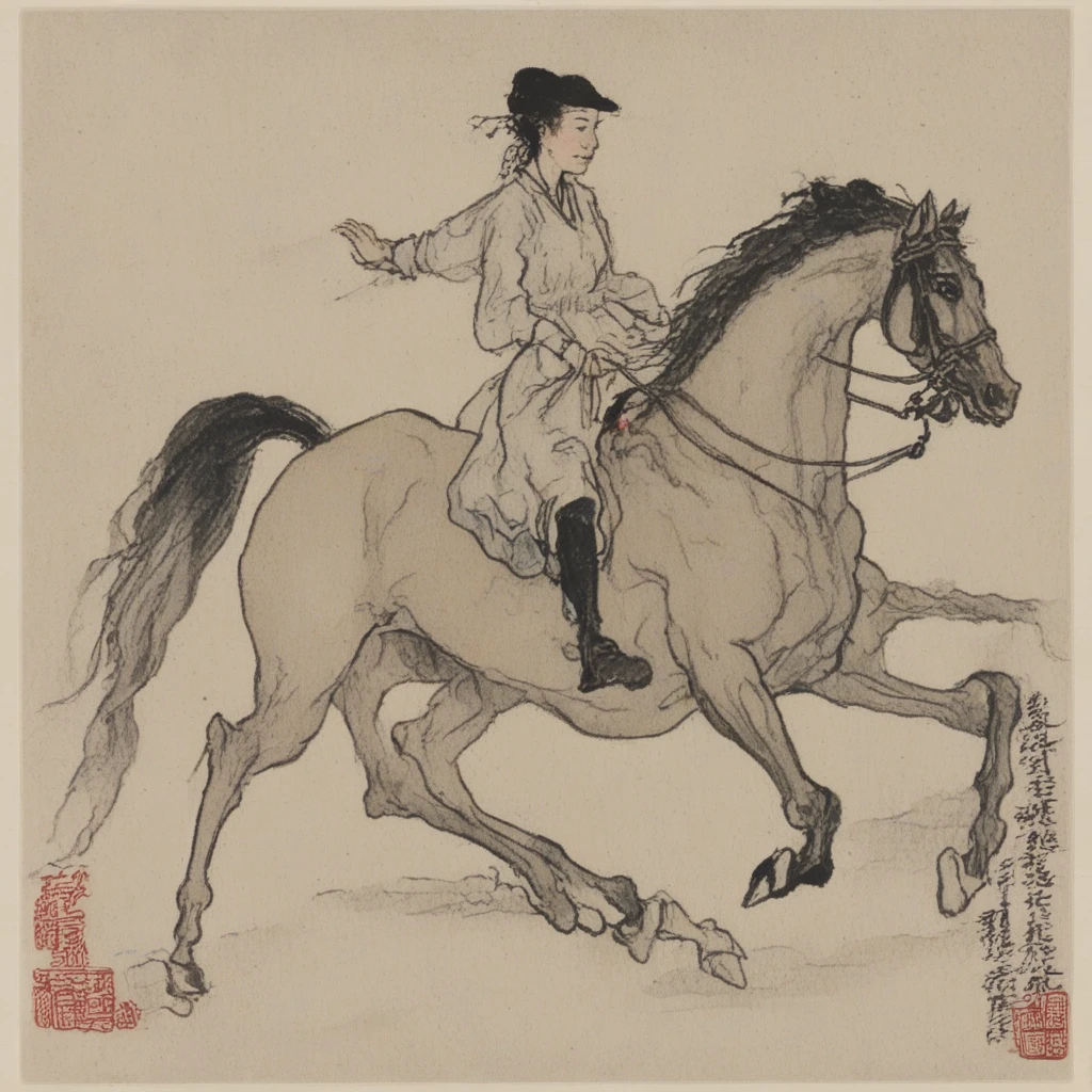 an woman riding a horse, in the style of styj