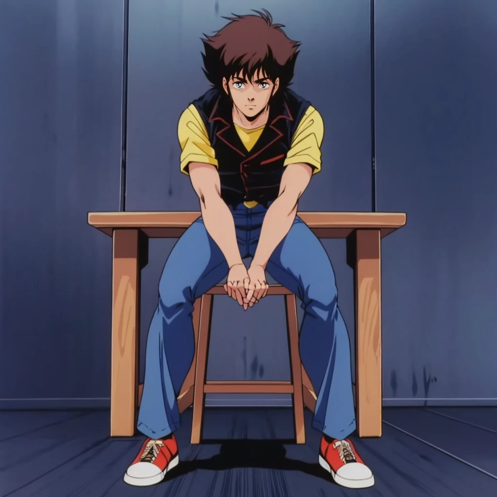 <lora:MZ1YahagiShogo002:0.7>,
solo,
MZ1YahagiShogo,1boy,retro artstyle,1980s (style),
short -sleeved shirt,black vest,
jeans,
full body,(standing:1.1),sitting,