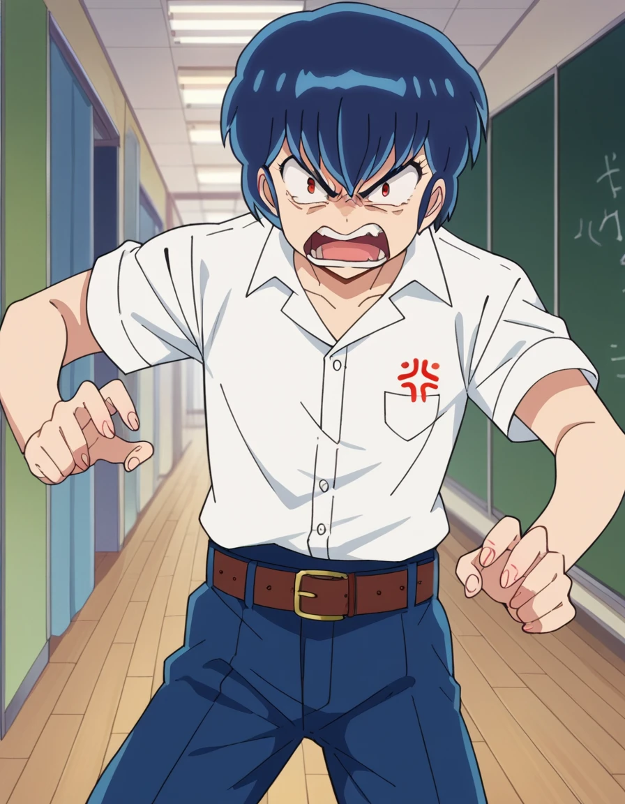 score_9, score_8_up, score_7_up, source_anime,
ryuunosukefujinami, <lora:ryuunosuke-fujinami-ponyxl-lora-nochekaiser:1>,
ryuunosuke fujinami, short hair, blue hair, red eyes, angry, anger vein, shouting, open mouth,
shirt, school uniform, white shirt, short sleeves, collared shirt, belt, pants,
indoors, classroom, hallway,
looking at viewer, cowboy shot, dutch angle,