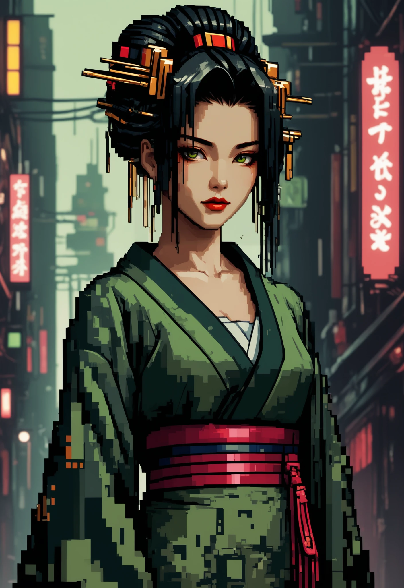 beautiful charming geisha in cyberpunk style, 8bit pixel art with greenish feeling