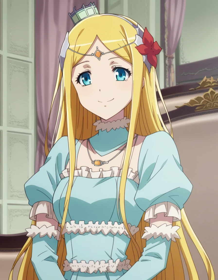 score_9, score_8_up, score_7_up, source_anime,
rennertheierechardelonrylevaiself, <lora:renner-theiere-chardelon-ryle-vaiself-ponyxl-lora-nochekaiser:1>,
renner theiere chardelon ryle vaiself, long hair, blue eyes, blonde hair, hair ornament, very long hair, flower, hair flower, smile,
long sleeves, dress, jewelry, puffy sleeves, necklace, blue dress, crown, princess, frills,
indoors,
looking at viewer, cowboy shot, dutch angle,