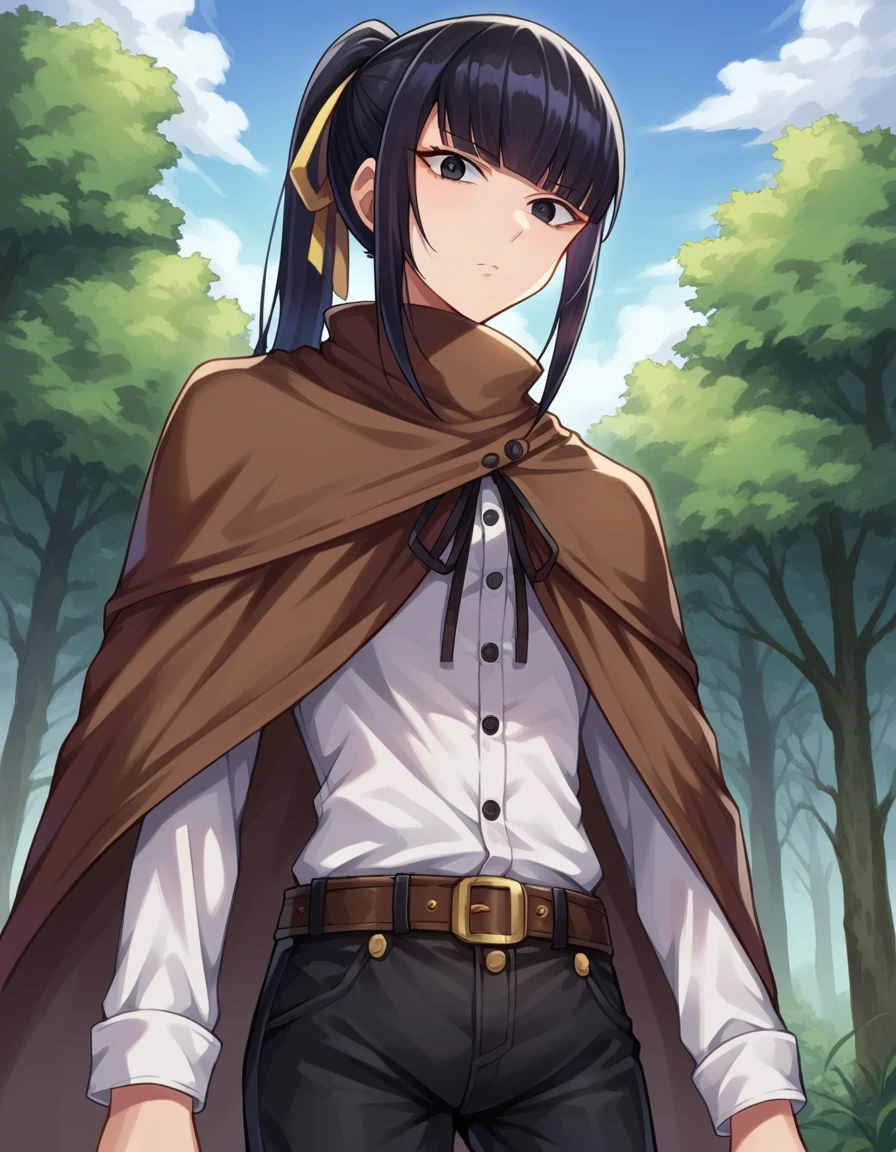 score_9, score_8_up, score_7_up, source_anime,
narberalgamma, <lora:narberal-gamma-ponyxl-lora-nochekaiser:1>,
narberal gamma, black hair, high ponytail, long hair, slanted eyes, narrow eyes, black eyes,
belt, belt buckle, black pants, black ribbon, brown cape, buckle, buttons, cape, pants, ribbon-trimmed cape, white shirt,
outdoors, forest, nature,
looking at viewer, cowboy shot, dutch angle,