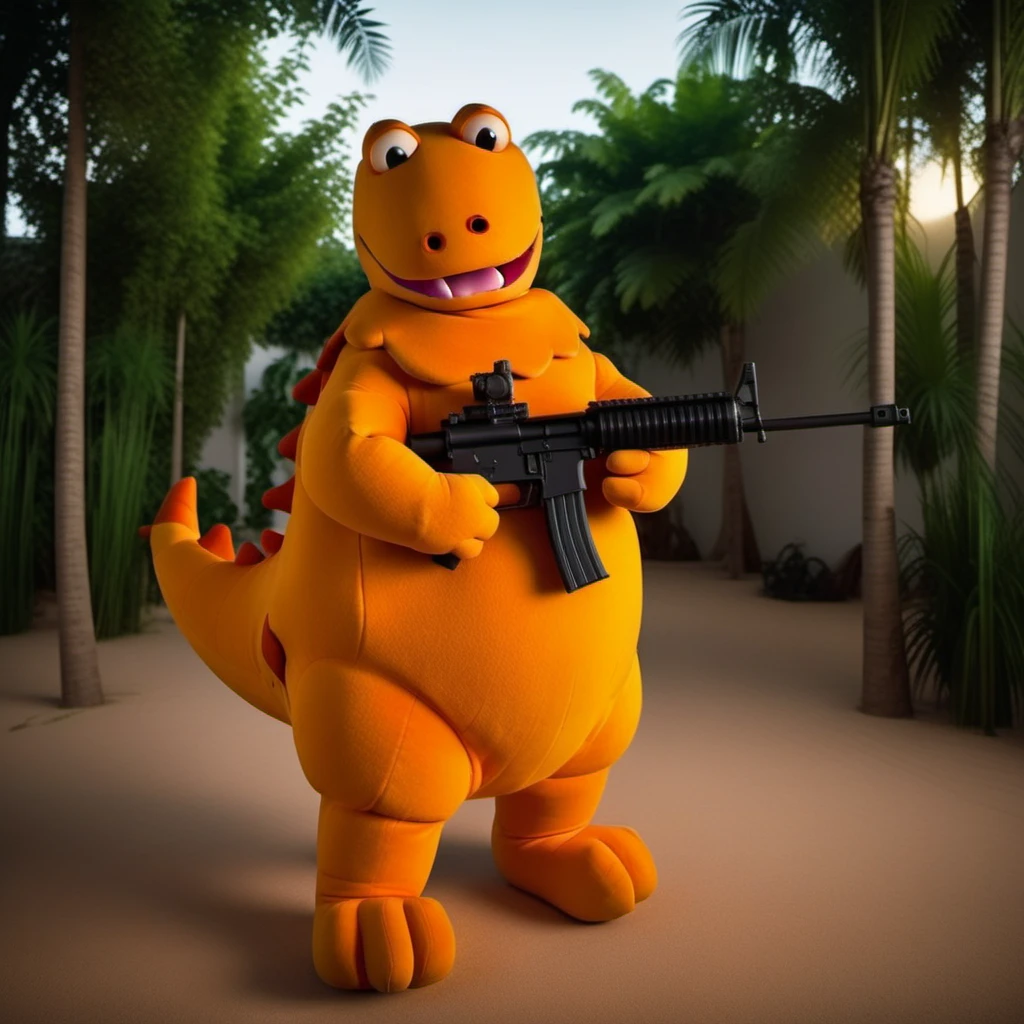cinematic photo a crazy orange dinosaur holds a machinegun, war, jungle <lora:Casimir1024:0.8> . 35mm photograph, film, bokeh, professional, 4k, highly detailed