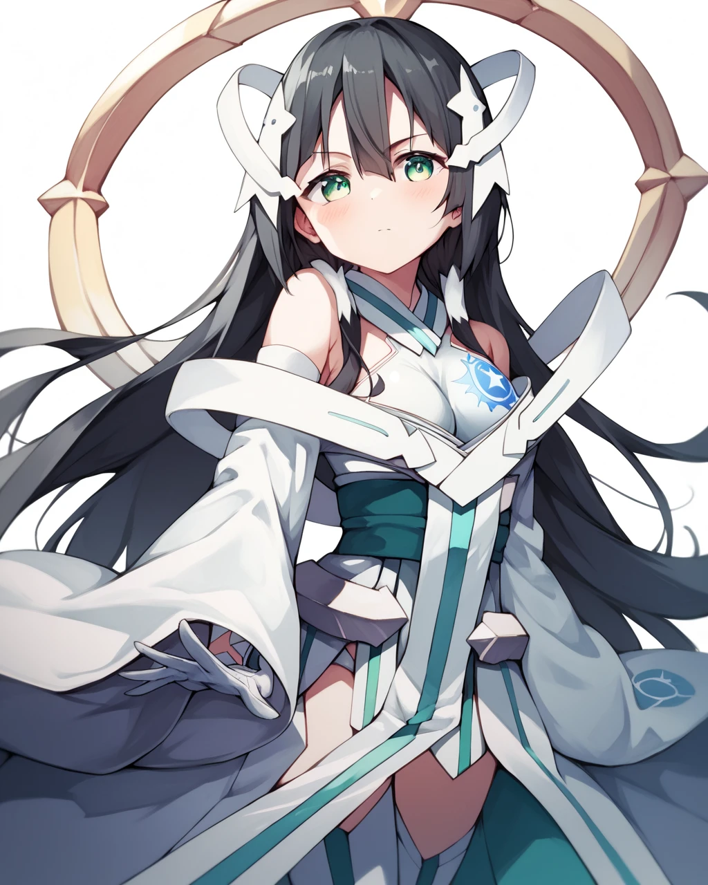score_9, score_8_up, score_7_up, score_6_up, score_5_up, score_4_up, BREAK source_anime,
<lora:Tougou_mimori_Mankai_PONY:1>,1girl, solo, long hair, black hair, hair ornament, green eyes, hair between eyes, bangs, hair ribbon, white gloves, detached sleeves, bare shoulders,white thighhighs,magical girl,