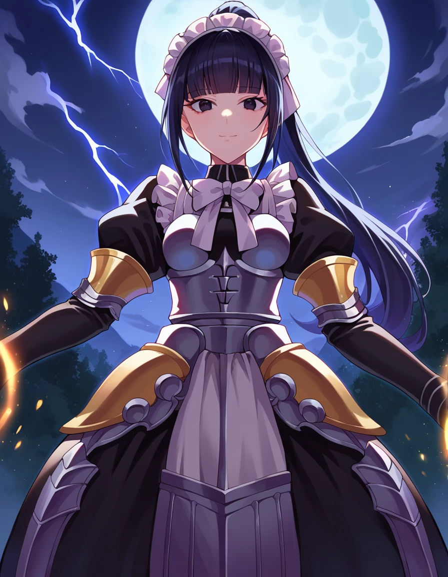 score_9, score_8_up, score_7_up, source_anime,
narberalgamma, <lora:narberal-gamma-ponyxl-lora-nochekaiser:1>,
narberal gamma, black hair, high ponytail, long hair, slanted eyes, narrow eyes, black eyes, smile,
apron, armor, black dress, dress, frills, long sleeves, maid, maid headdress, puffy sleeves,
outdoors, forest, nature, magic, lightning, night, night sky, clouds, moon,
looking at viewer, cowboy shot, dutch angle,