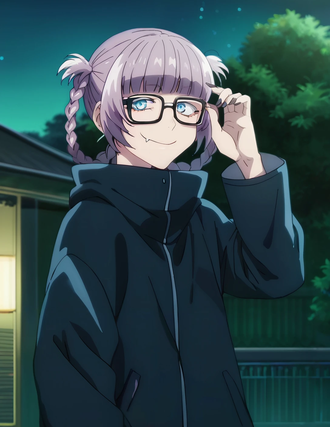 score_4, score_5, score_6, score_9, score_8_up, score_7_up, <lora:nanakusa_nazuna:1>, nazunaxl, thighhighs, hair rings, blue eyes, blunt bangs, braided hair rings, long sleeves, purple hair, short hair, ringed eyes, black coat, glasses, adjusting eyewear, outdoors, night, night sky, evil smile, fang, standing,  portrait, looking at viewer, <lora:Fine_Anime_Screencap-Pony:1> fine anime screencap_xl, anime_screencap