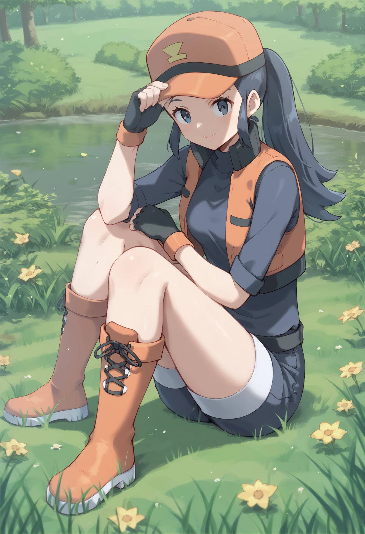 score_9, score_8_up, score_7_up, score_6_up, BREAK source_anime, best quality, masterpiece
1girl,<lora:pokemonranger orasPonyXL:0.8>,pokemonranger oras,baseball cap,fingerless gloves,orange vest,black shirt,black shorts,boots,full body,sitting,on ground,smile,grass