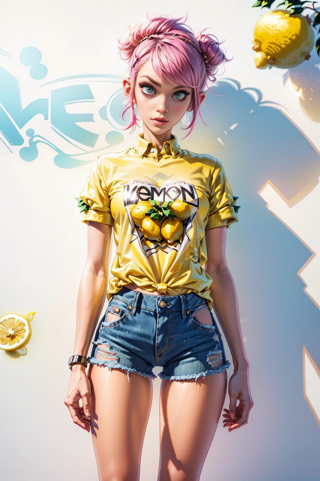 <lora:LemonWorld:1> (LemonWorld:1.1) 1girl (punk shirt and short jeans:1.3) (sexy skinny:1.3) (writer grafitti:1.2)