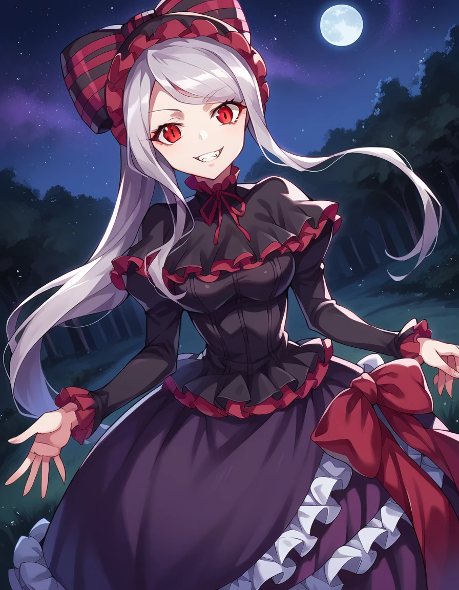 score_9, score_8_up, score_7_up, source_anime,
shalltear, <lora:shalltear-bloodfallen-ponyxl-lora-nochekaiser:1>,
shalltear bloodfallen, grey hair, long hair, red eyes, silver hair, evil smile, evil grin,
black dress, bonnet, bow, dress, frilled dress, frills, large bow, long sleeves, vampire,
outdoors, night, forest, night, moon, starry sky,
looking at viewer, cowboy shot, dutch angle,