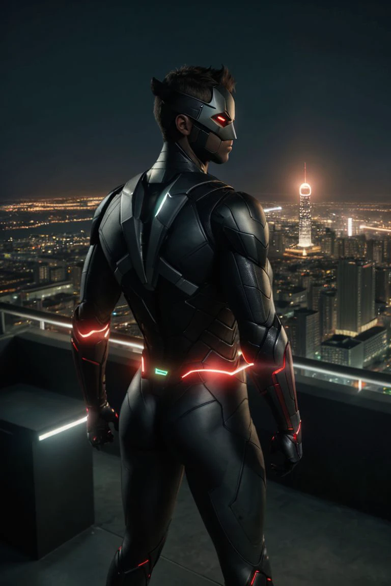 a futuristic (masked superhero) looking into the distance BREAK
standing on top of a tall building, overlooking a massive city skyline BREAK
view from behind, at night time, cinematic look, godrays, lens flare, moonlight, intrincate details, ultra realistic, sharp focus