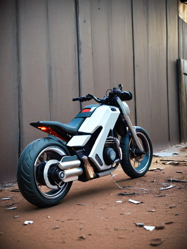 focus-on vehicle (outdoors-scene) world (Magnetic Levitator: The bike hovers inches above the ground, held aloft by magnetic fields. The rider wears a suit with polarity-adjusting gloves for precise control.)
bikemaker-design <lora:BikeMaker_2_SD_1024-e5:1>, no humans, absurdres, detailed, macro details, 8k, hyper realistic, texture surface details. women, beauty, imperfection, grit, (rust:0.65), cracks, cracked surface, subtle messy, dust, weary, edges rusty dusty, surface scratches, peeled sun bleeched paint, smudges, crumbles, rugged, used