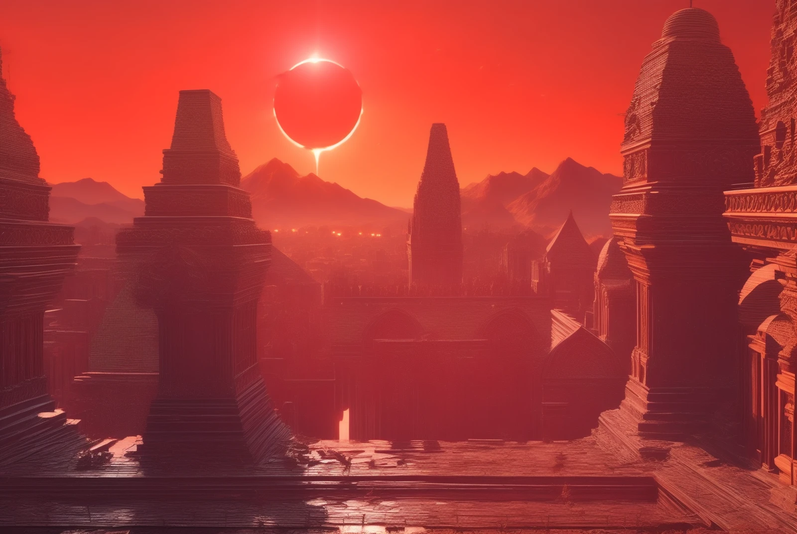 eclipse,outdoors,sky,cloud,tree,no humans,building,scenery,sunset,mountain,city,sun,cityscape,red theme,landscape,red sky,
<lora:add_detail:0.8>, <lora:EclipseSD:1>