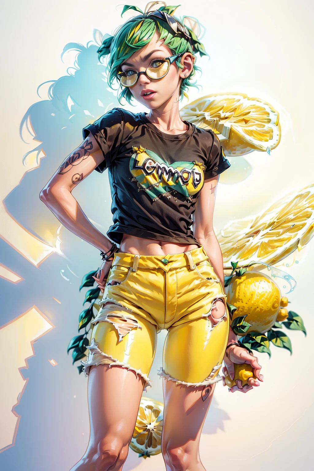 <lora:LemonWorld:1> (LemonWorld:1.3) 1girl (punk shirt and short jeans:1.3) (sexy skinny:1.3) (writer grafitti:1.2)