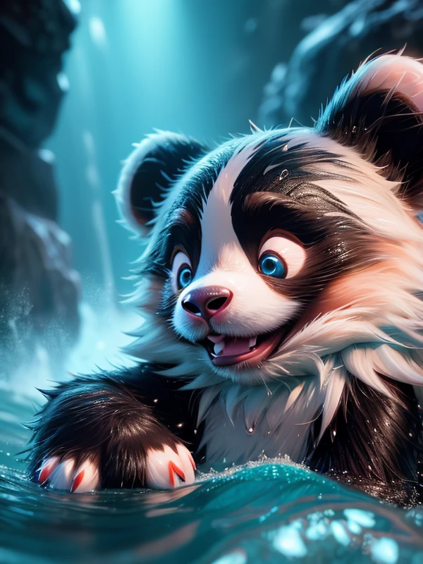 (disney:0.2), (cartoon:0.1), (pixar:0.4), (3D:1.2),
(UHD:1.1), (detailed background visible:1.2),
close up of (cute:0.60) wet panda, wet fur,,
(Style: subsurface scattering, (pui), analog style, realistic, film photography, highres photo, cinematic Lighting, trending on artstation),(Photorealistic:1.2),
(detailed), sharp, HDR, high quality, good resolution, maximalist, masterpiece,