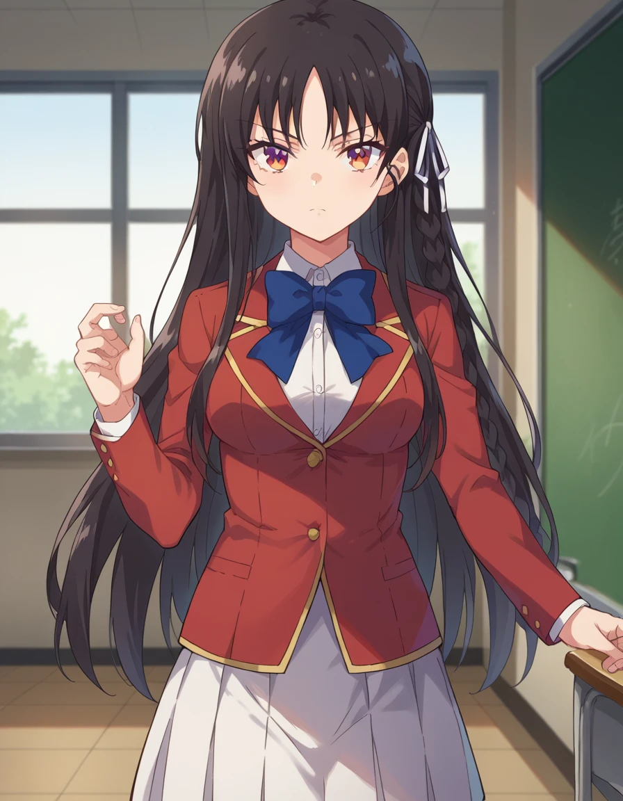 score_9, score_8_up, score_7_up, source_anime,
suzunehorikita, <lora:suzune-horikita-ponyxl-lora-nochekaiser:1>,
suzune horikita, long hair, black hair, red eyes, hair ribbon, braid,
bow, school uniform, jacket, bowtie, blue bowtie, blazer, red blazer, skirt, white skirt,
indoors, classroom, hallway,
looking at viewer, dynamic pose, cowboy shot,