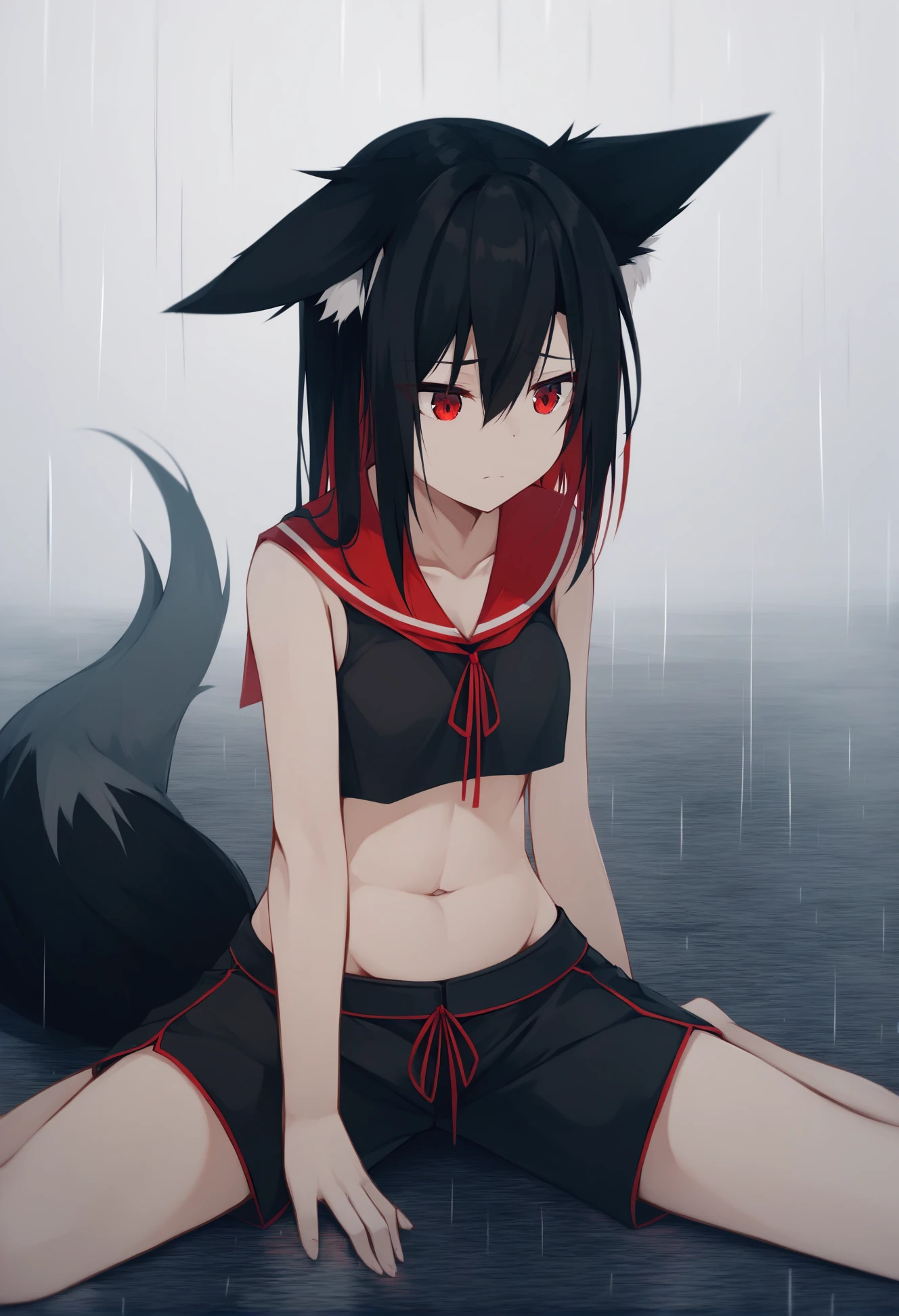 by nagishiro mito , best quality, masterpiece, score_9, score_8_up,
1girl, kurokami fubuki, fox girl, fox ears, fox tail, red eyes, black hair, multicolored hair, shorts, black crop top, red sailor collar, belly, wariza, sitting, sad, ears down,
rain, outdoors, <lora:4th_tail_v0.3_lora_extract_m:1>