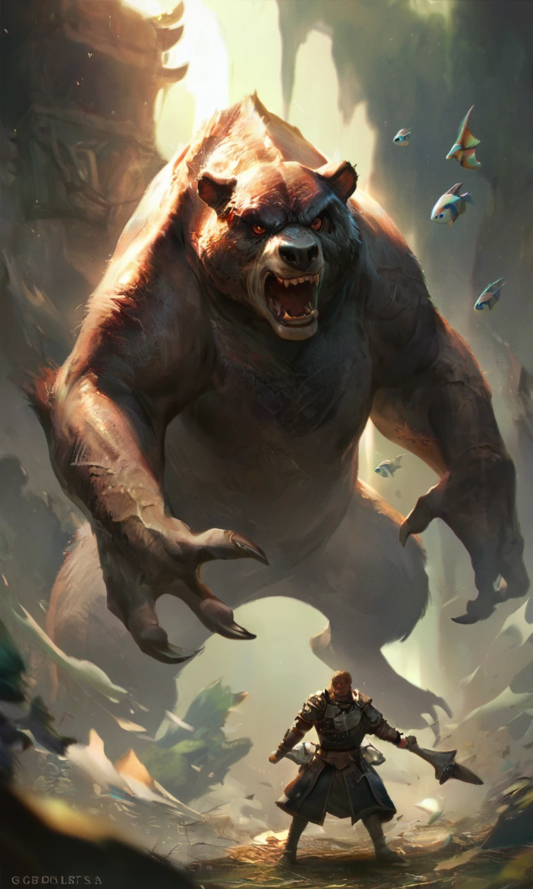 a giant grizzly bear standing upright,Dynamic Pose,roar,shout,Attack, dark fantasy, oil painting, abstract art, (best quality,4K,8k,highres,masterpiece:1.2),ultra-detailed,(realistic,photorealistic,photo-realistic:1.37),cinematic lighting,dramatic shadows,vivid colors,dramatic composition,intricate details,moody atmosphere,ominous presence,powerful beast,intense gaze,textured brushstrokes,muted color palette,Dramatic Chiaroscuro,digital painting,concept art,violent,fear,Disgust,Decadent,nightmare