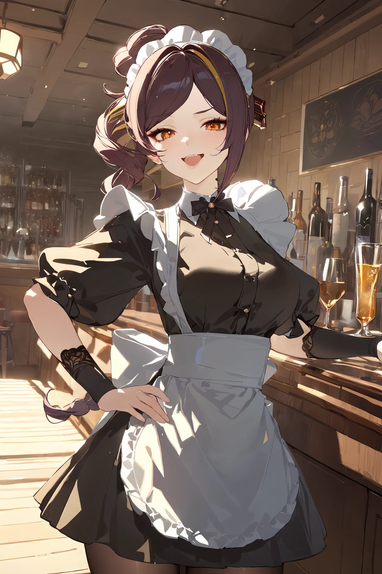 masterpiece, best quality, perfect features, intricate details, ray tracing, newest,(hitenkei, askzy:0.4), 1girl, chiori \(genshin impact\), solo, maid, maid headdress, maid apron, pantyhose, looking at viewer, cowboy shot, bar \(place\), indoors, depth of field, smug, open mouth, hand on hip <lora:Char-Genshin-Chiori-XL-V1:0.9> <lora:quality1:0:hr=1>