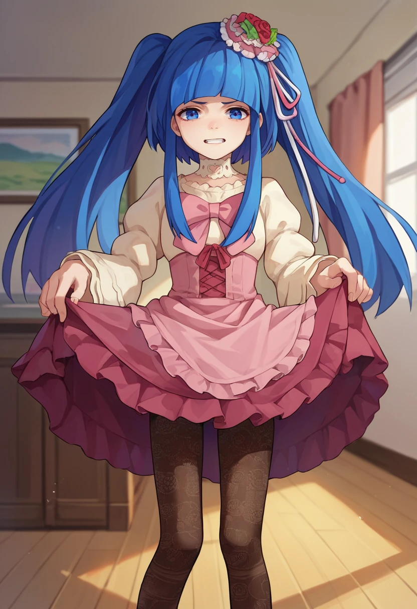 score_9, score_8_up, score_7_up, source_anime, 1girl, furudo erika, blue hair, blue eyes, twintails, pink dress, pink bow, long sleeves, hair ornament, pantyhose, choker, skirt lift, <lora:Furudo Erica1-000012:1>