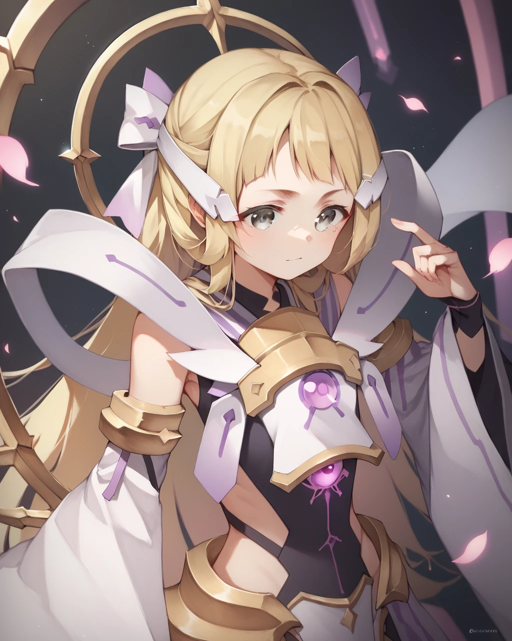 score_9, score_8_up, score_7_up,
<lora:Nogi_Sonoko_Mankai_PONY:1>,1girl, solo, long hair, blonde hair,grey eyes, hair ornament, bangs, hair ribbon, hair bow, wide sleeves, armor, long sleeves, detached sleeves, magical girl,