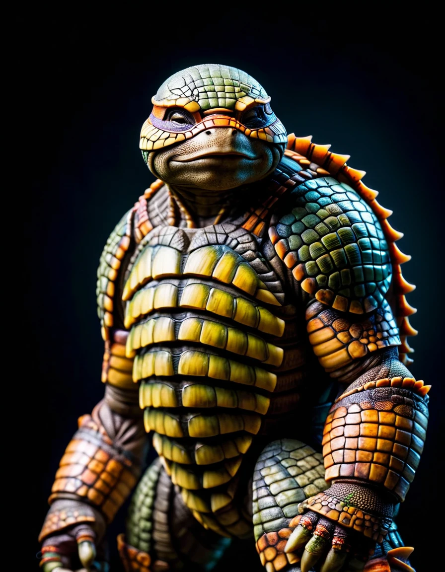 Muscular, teenage ninja turtle, in an imposing position, with a dark background, but with vibrant colors on its body. decorated with amber accents, masterpiece of art, visually stunning, intricate details, sharp focus, 55mm f/ 1.8 lens, depth of field, natural daylight <lora:ral-armdszn:1> ral-armdszn