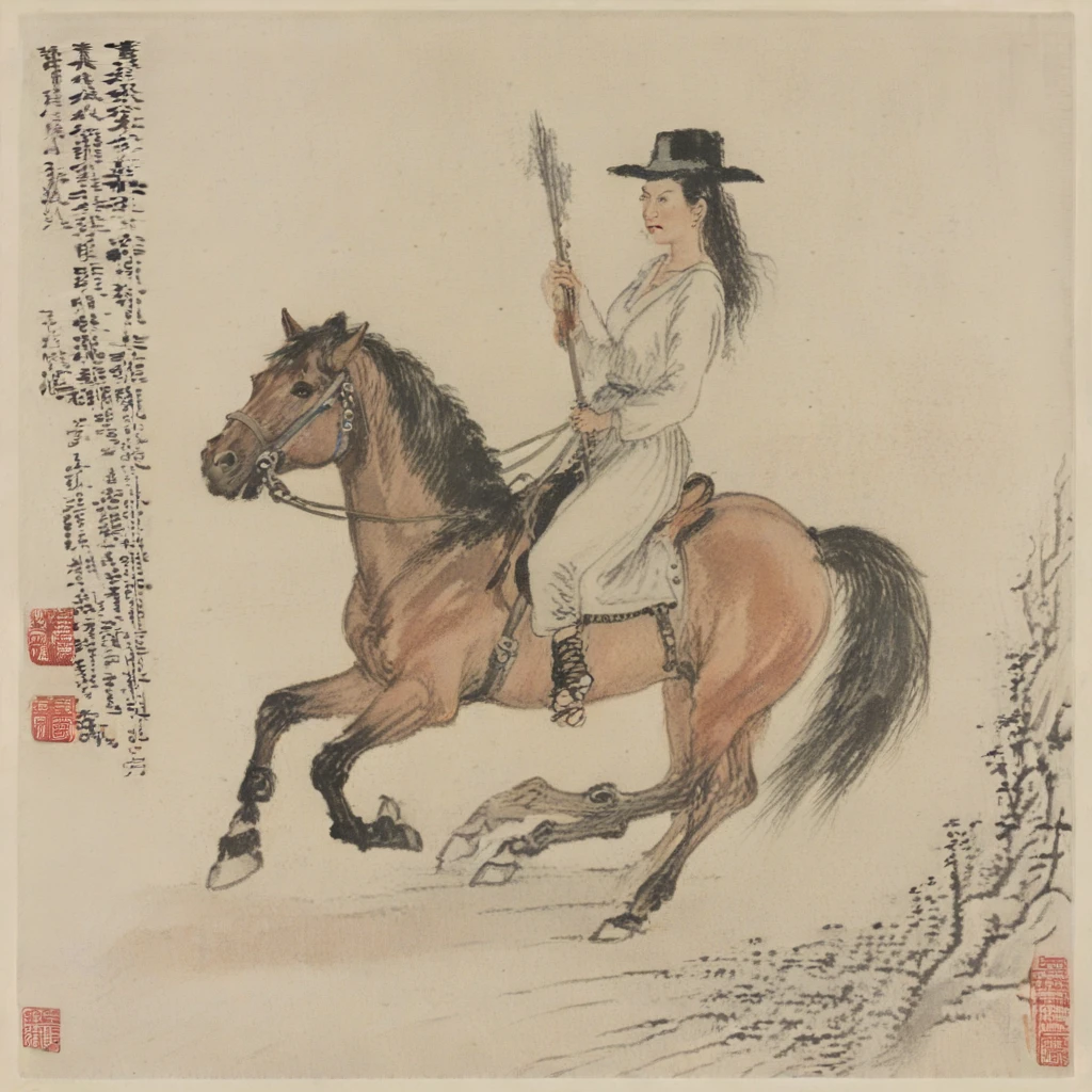 an woman riding a horse, in the style of styj