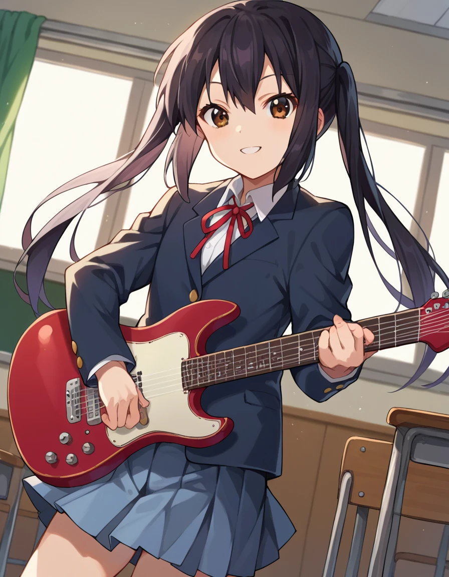 score_9, score_8_up, score_7_up, source_anime,
azusanakano, <lora:azusa-nakano-ponyxl-lora-nochekaiser:1>,
azusa nakano, black hair, brown eyes, long hair, twintails, smile,
sakuragaoka high school uniform, school uniform, uniform, blazer, shirt, white shirt, collared shirt, skirt, pleated skirt,
indoors, classroom, guitar,
looking at viewer, cowboy shot, dutch angle, dynamic pose,