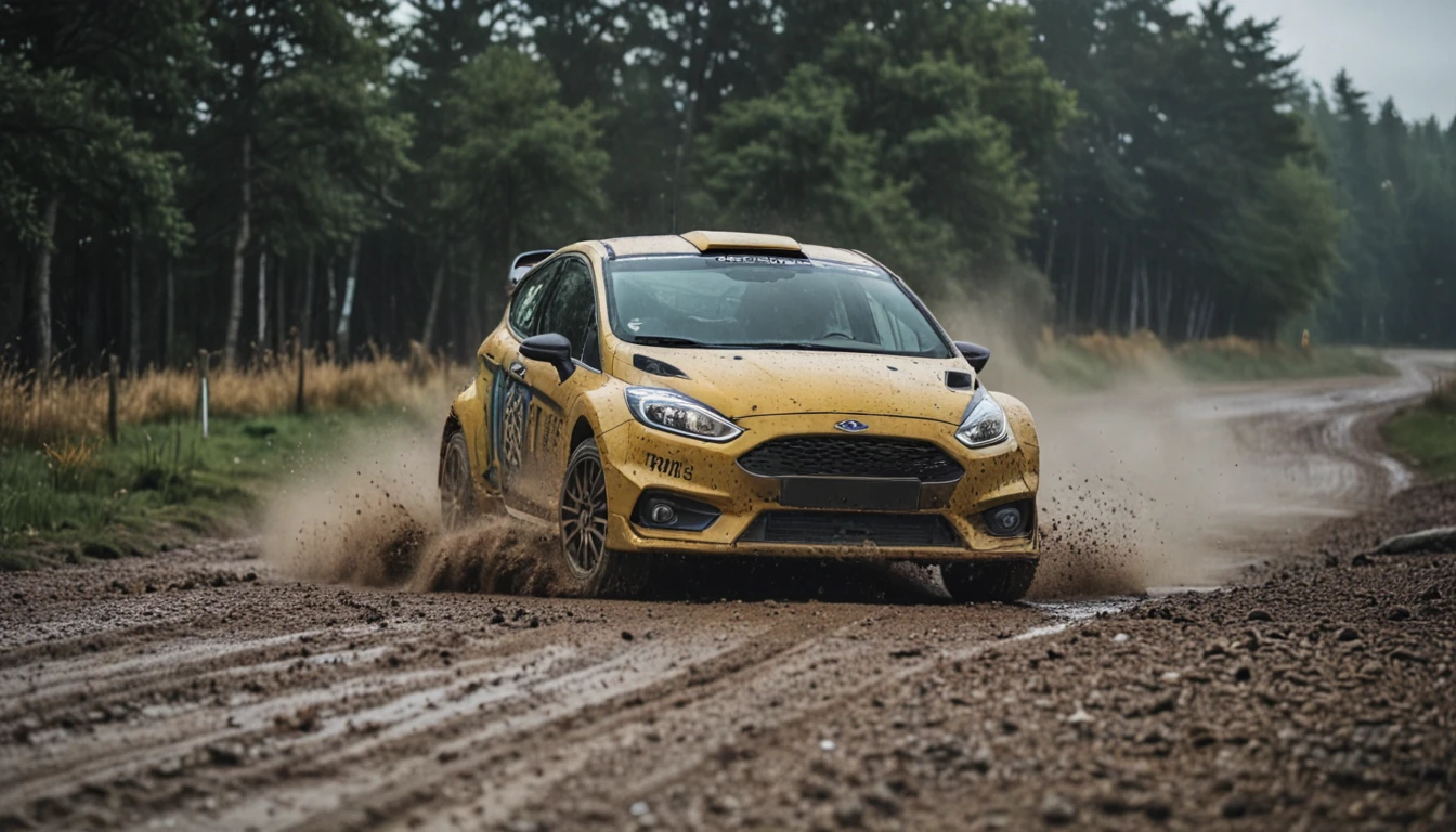 (cinematic, aesthetic, wow) ford fiesta WRX on a rainy gravel rally course at high speed throwing up gravel and dirt behind it.