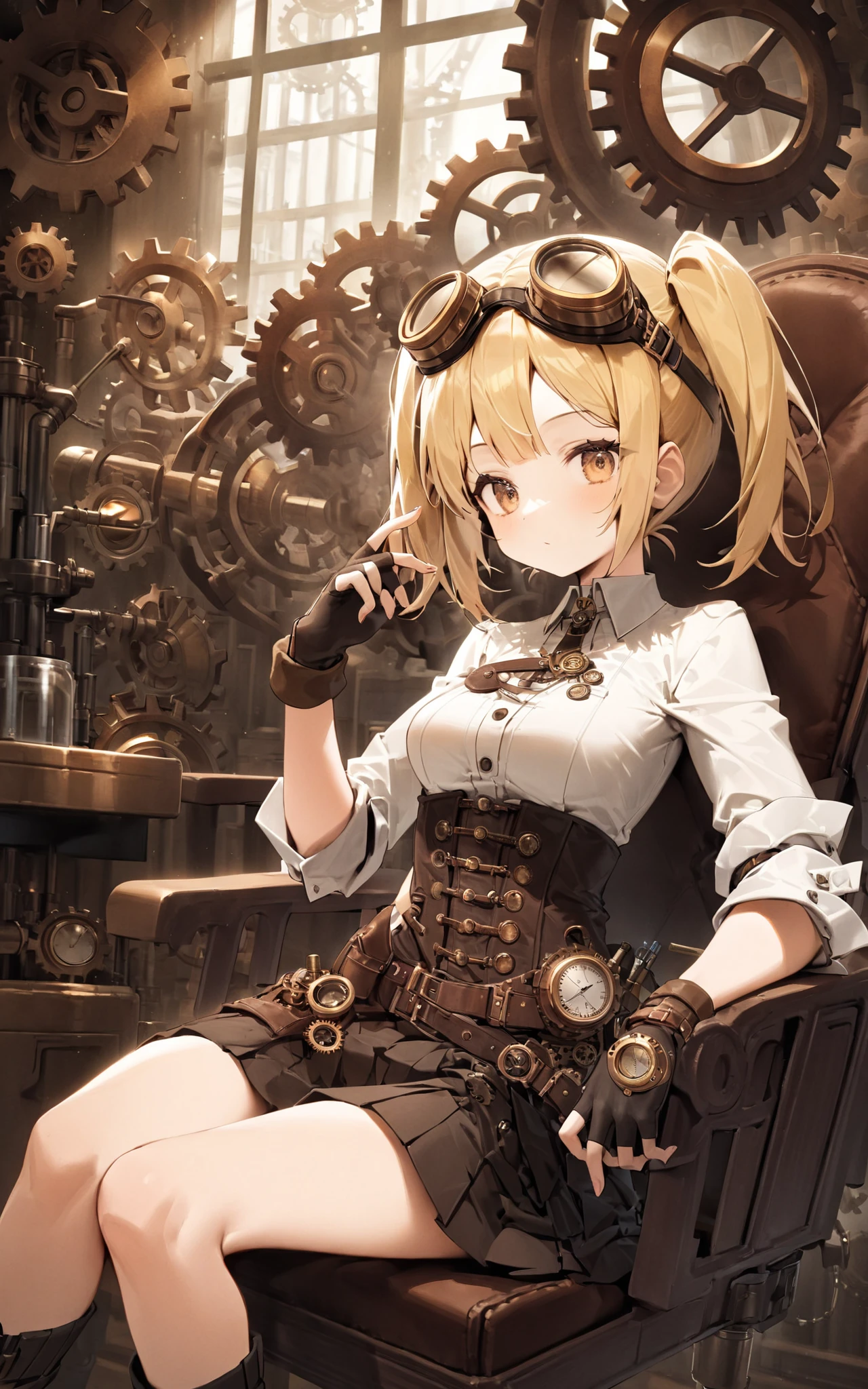 1girl, scientist, sitting, chair, blonde hair, twintails, short hair, steampunk, cowboy shot, indoors, fingerless gloves, goggles, gears, skirt,