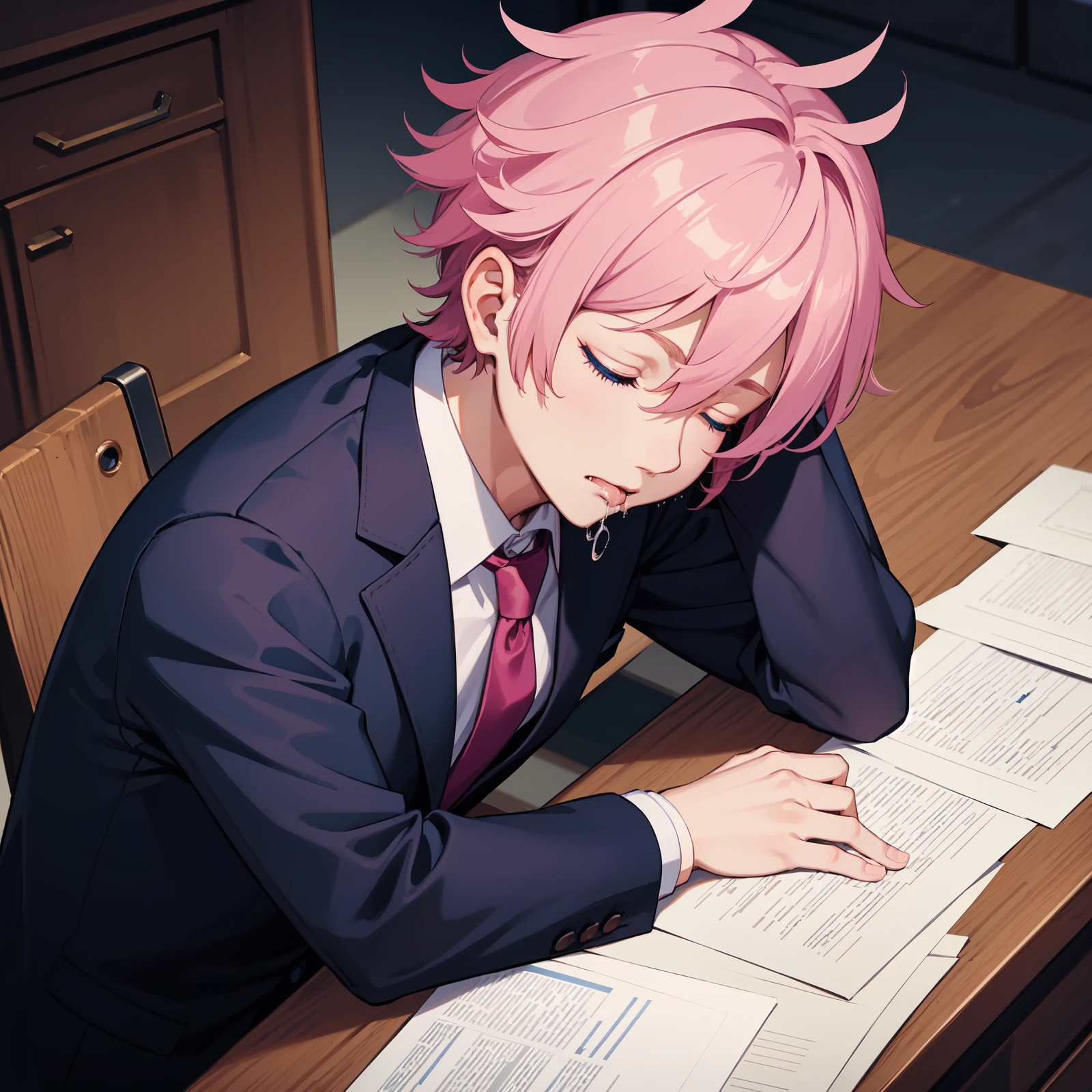 (masterpiece:1.1),(best quality:1.1),(hyper detailed:1.1),(high detail:1.1),(highest quality:1.3),absurdres,blue eyes,business suit,office,sleeping,lying on desk,short hair,pink hair,spiky hair,closed eyes,drooling,from above,leaning forward,head on desk,arms folded,looking away,1boy,mature male,