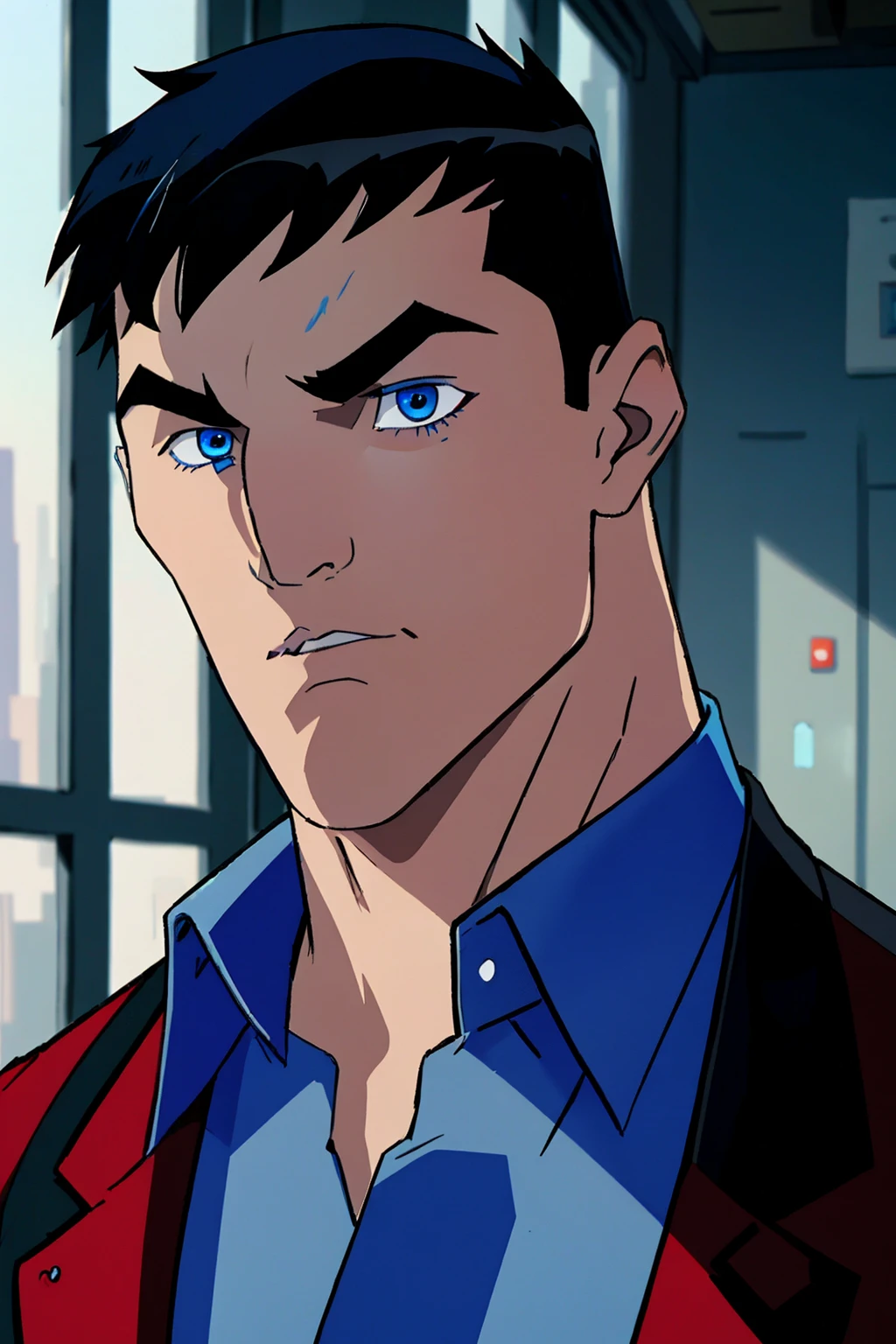 masterpiece ,best quality, Bruce_Wayne,1boy,solo,black hair,blue eyes,blue shirt,male focus