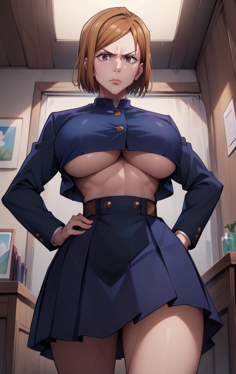 score_9, score_8_up, score_7_up, score_9, BREAK <lora:KugisakinobaraSDXL:1> kugisaki nobaraXL, 1girl, solo, breasts, looking at viewer, short hair, skirt, large breasts, brown hair, brown eyes, closed mouth, school uniform, jacket, belt, huge breasts, crop top, gradient, hand on hip, room background, no bra, underboob, looking down, from below, cropped jacket, high-waist skirt, crop top overhang, glaring, kugisaki nobara