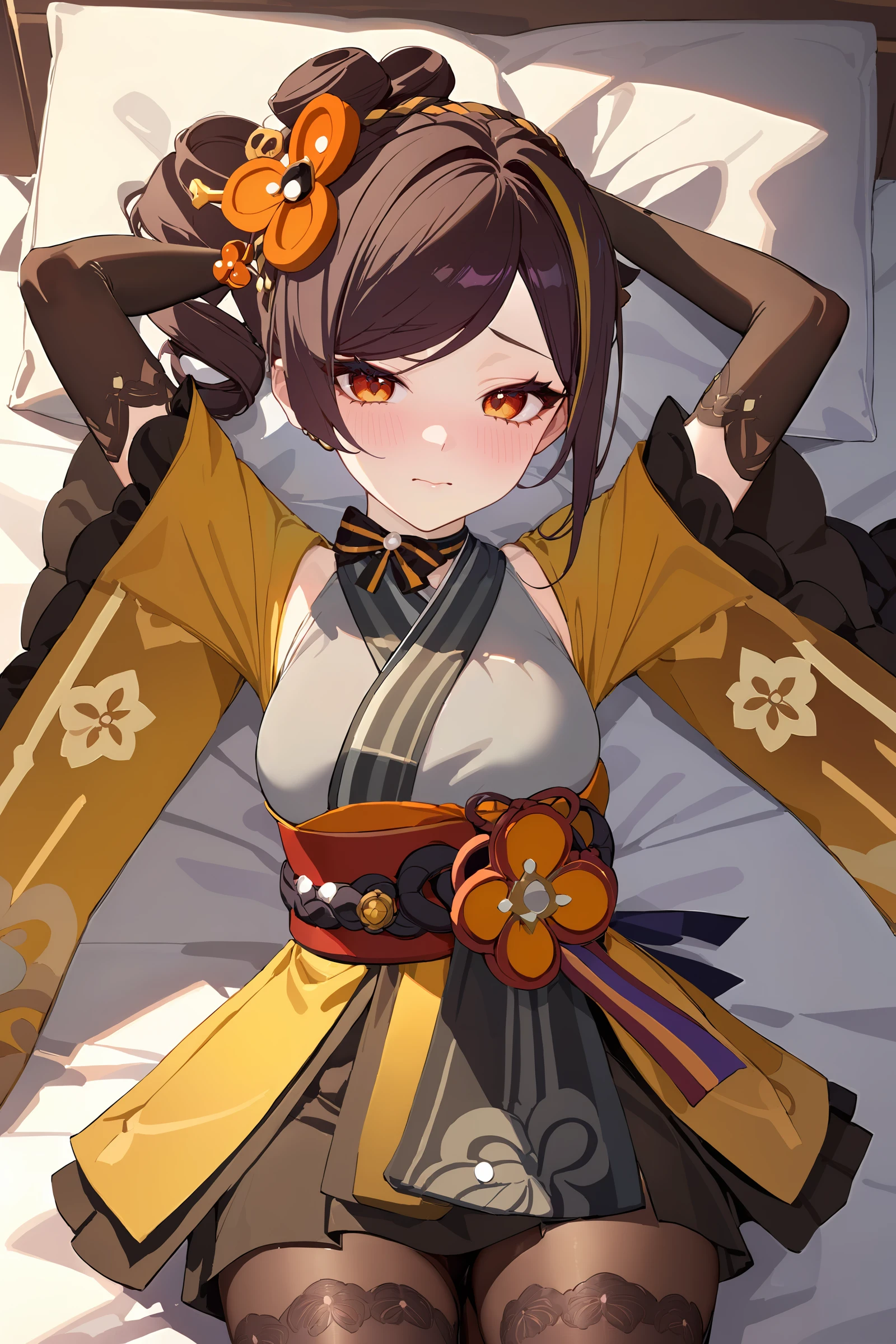 masterpiece, best quality, perfect features, intricate details, ray tracing, newest,(hitenkei, askzy:0.4), 1girl, chiori \(genshin impact\), solo, elbow gloves, hair ornament, short kimono, print pantyhose, sash, wide sleeves, ribbon choker, cowboy shot, lying, bed sheet, looking at viewer, shy, blush, wavy mouth, arms up, blush  <lora:Char-Genshin-Chiori-XL-V1:0.9>  <lora:quality1:0:hr=1>