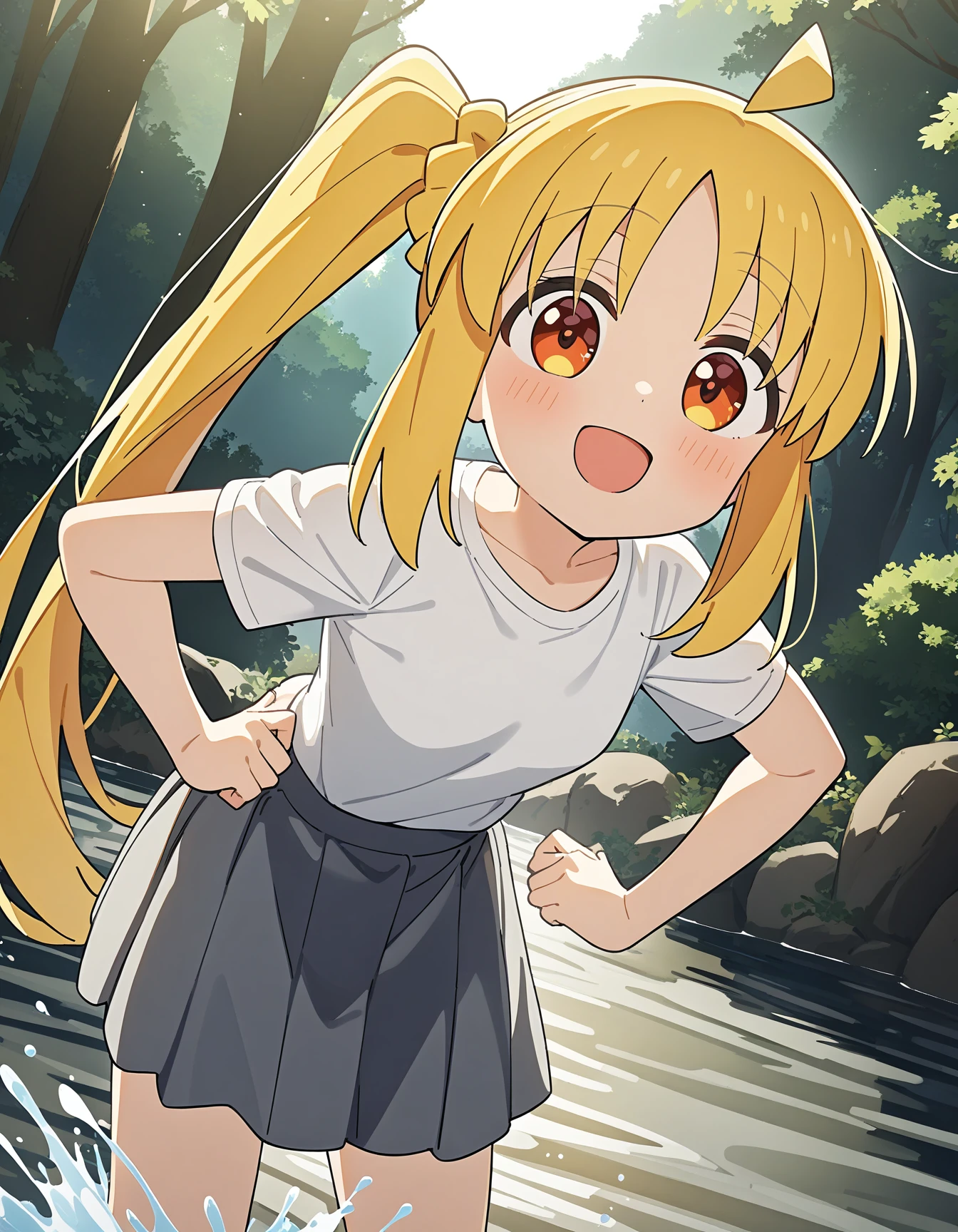 1girl, ijichi nijika, bocchi the rock!,
long hair, side ponytail, orange eyes, blonde hair, ahoge, open mouth, smile, small breasts, white t-shirt, grey skirt, hands on own hips,
forest, river, splashing, looking at viewer,
masterpiece, best quality, very aesthetic, absurdres,