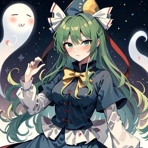 Best quality, most quality, solo, masterpiece, full body, blush, mima_touhou, green_hair, long_hair, hat, green_eyes, wizard_hat, bow, ribbon, blue_dress, breasts, ghost_tail,