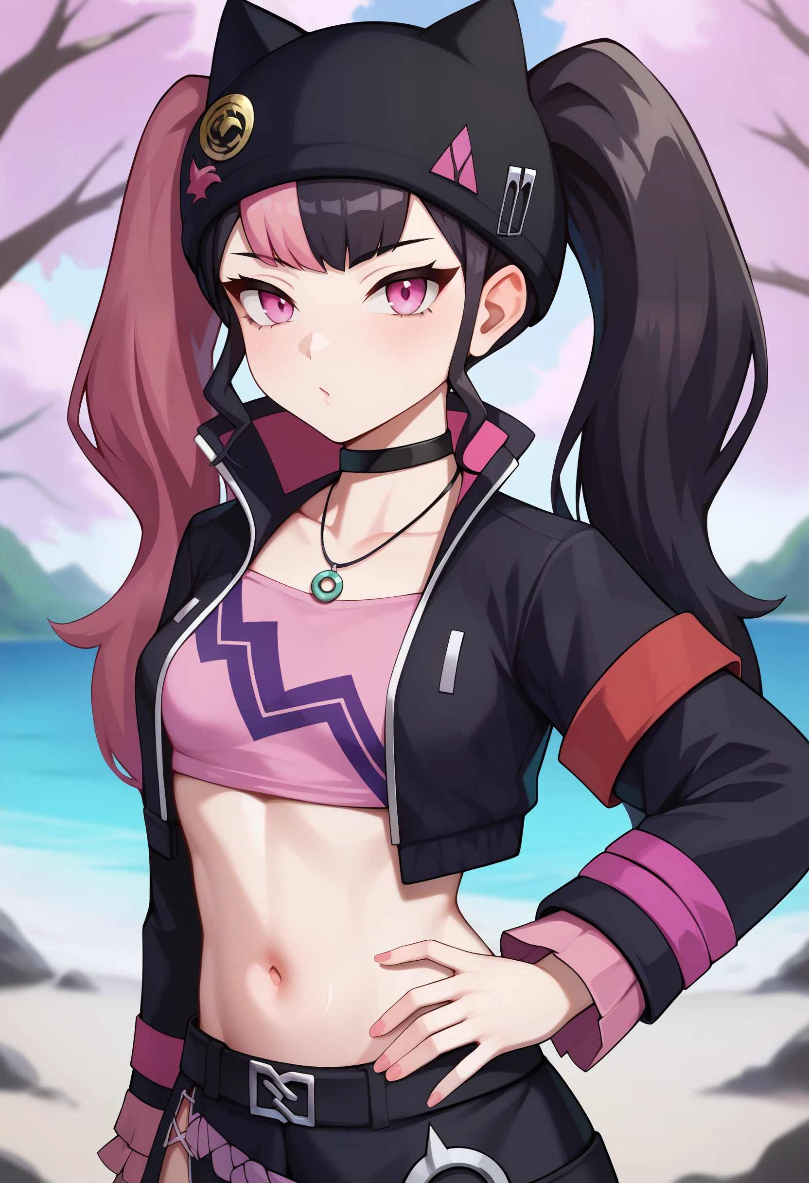 score_9, zoe_rayne, 1girl, solo, pink eyes, asymmetrical legwear, jewelry, twintails, multicolored hair, pink hair, black hair, black jacket, looking at viewer, two-tone hair, choker, hat, long hair, midriff, small breasts, outdoors, upper body <lora:Palworld-Zoe_Rayne:0.8>