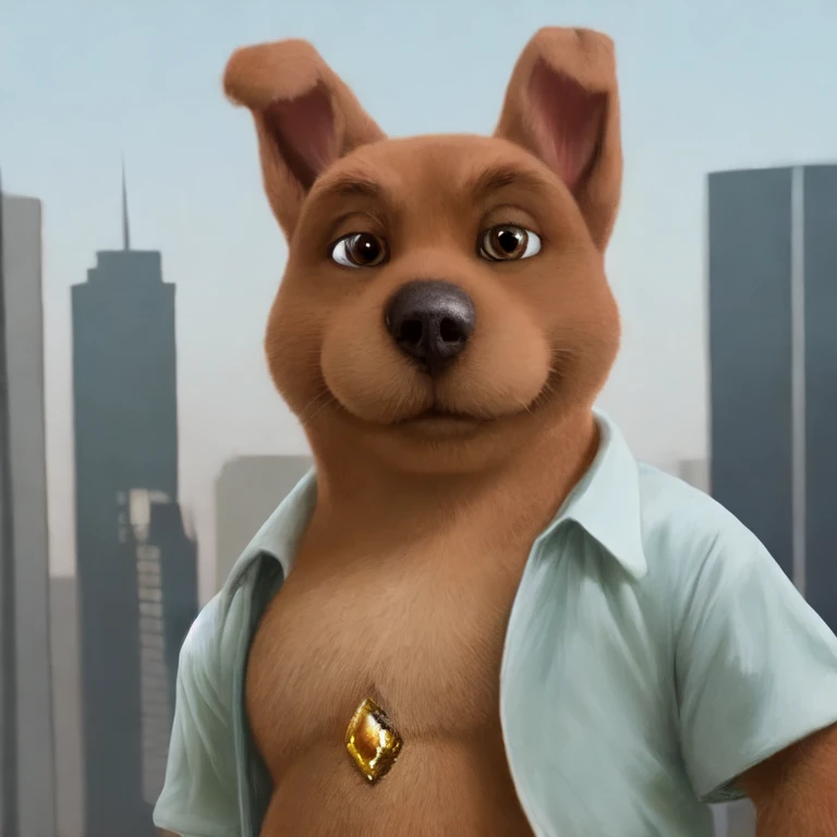 scrappydoo, solo anthro, male, smiling, yellow gem on chest fat half-length portrait, city background, detailed realistic photorealism, nude, penis, balls
