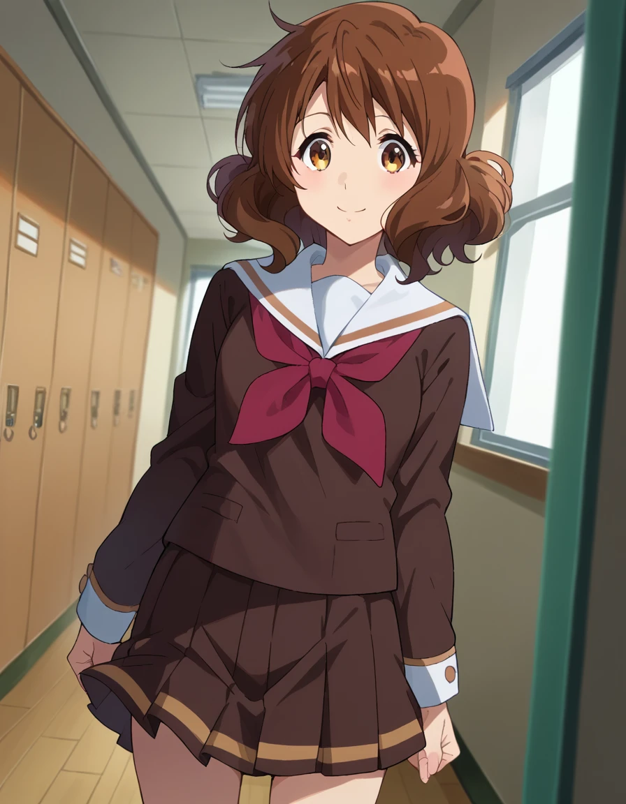 score_9, score_8_up, score_7_up, source_anime,
kumikooumae, <lora:kumiko-oumae-ponyxl-lora-nochekaiser:1>,
kumiko oumae, brown eyes, brown hair, short hair, wavy hair, smile,
skirt, shirt, long sleeves, school uniform, pleated skirt, serafuku, neckerchief, brown skirt, white sailor collar, brown shirt, kitauji high school uniform, red neckerchief,
indoors, classroom, hallway,
looking at viewer, cowboy shot, dutch angle,