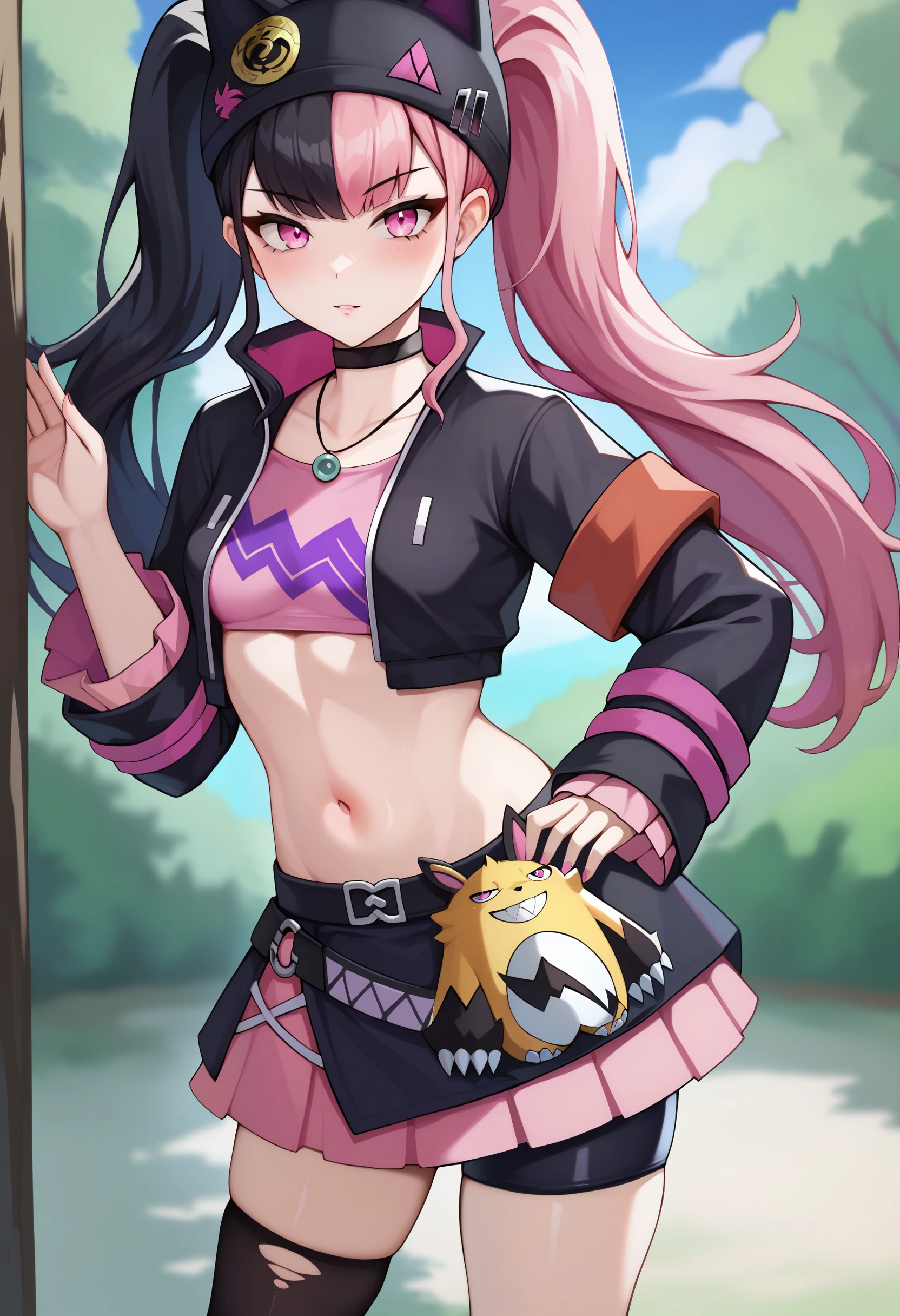 score_9, zoe_rayne, 1girl, solo, pink eyes, asymmetrical legwear, jewelry, twintails, multicolored hair, pink hair, black hair, black jacket, looking at viewer, two-tone hair, skirt, bike shorts, choker, hat, long hair, midriff, small breasts, outdoors <lora:Palworld-Zoe_Rayne:0.8>