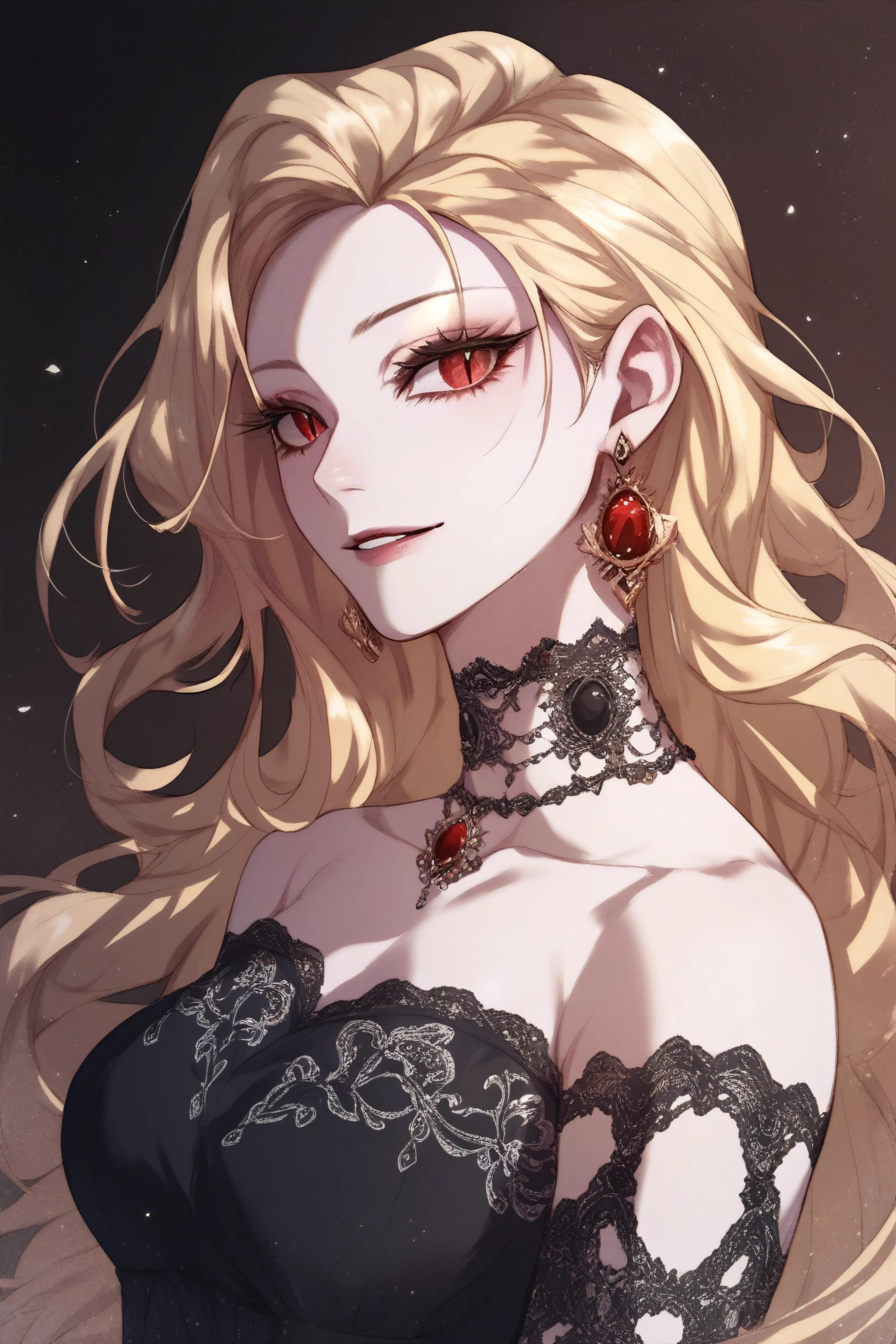 score_9, score_8_up, score_7_up, score_6_up, score_5_up, score_4_up, <lora:Roxana Agrece:0.8> roxana agree, red eyes, slit pupils, blonde hair, long hair, bare shoulders, jewelry, earrings, black dress,