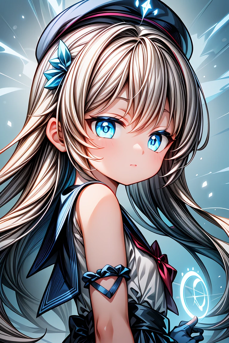 professional_artwork,best_quality,(white and blue theme:1.3),1girl,solo,(mature_female,elegant,evil,beautiful:1.2),closed_mouth,sailor_dress,serafuku,shoulder_sash,((Detailed)), ((Masterpiece)), ((Impressive)), ((Magic Circle)), ((Elegant)), ((Mind-blowing)), ((Phenomenal)), anime, Shojo, Drama, digital artwork, Digital masterpiece, Digital masterpiece, Digital illustration, neon light, Neon illumination, Electrifying light, Vibrant glow, 35mm, Panoramic view,Illustration,Cover,enigmatic figure,crystals adorning hair,dreamlike swirl,pastel hues,soft light,evoking calm serenity and elusive beauty,Non-representational,colors and shapes,expression of feelings,imaginative,highly detailed,shoulder_sash,blue_trim,grey_eyes,fingerless_gloves,headwear,close-up,looking_at_viewer,from_side