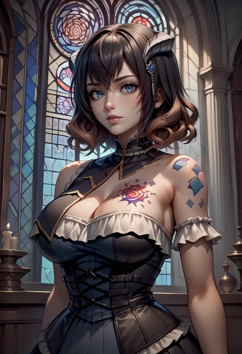 score_9, score_8_up, score_7_up, source_anime, 1girl, portrait, <lora:MiriamBS-pdxl:1> miriamBS, short hair, hair ornament, horns, large breasts, cleavage, breast tattoo, corset, bare shoulders, sleeveless, pale skin, indoors, gothic architecture, stained glass
