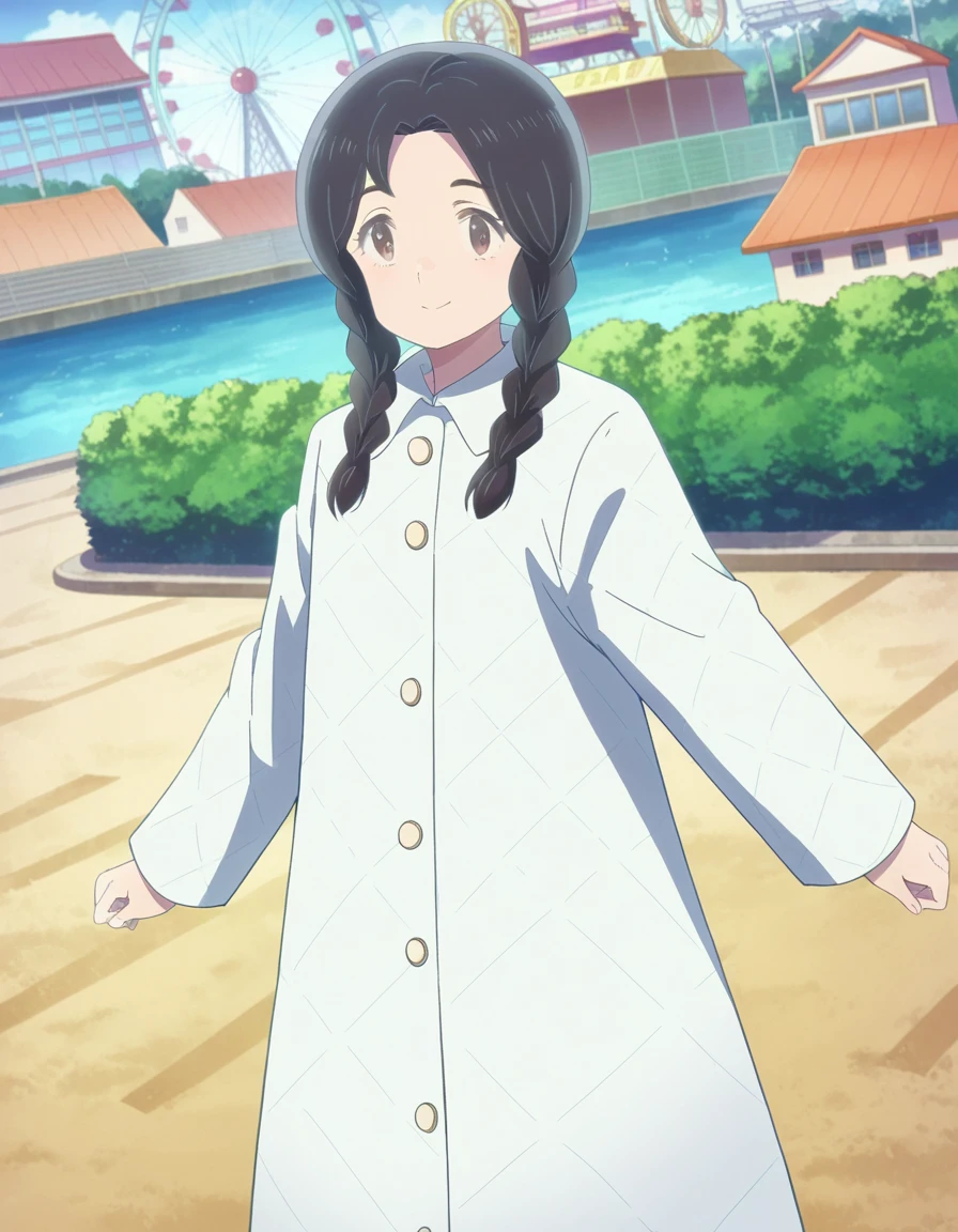 score_9, score_8_up, score_7_up, source_anime,
uruseinozomi, <lora:urusei-nozomi-ponyxl-lora-nochekaiser:1>,
nozomi, long hair, black hair, braid, twin braids, brown eyes, smile,
coat, white coat, long sleeves,
outdoors, roller coaster, amusement park, ferris wheel,
looking at viewer, cowboy shot, dutch angle, dynamic pose,