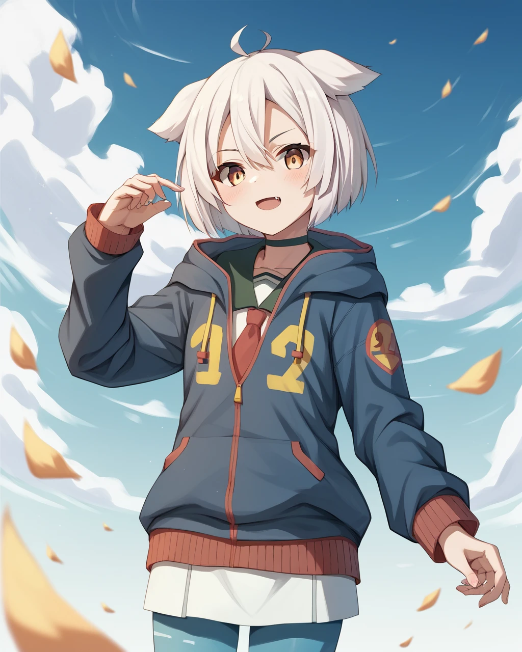 score_9, score_8_up, score_7_up, score_6_up, score_5_up, score_4_up, BREAK source_anime,
<lora:Yamabushi_Shizuku_PONY:1>,1girl, solo, short hair, white hair,animal ears,golden eyes,ahoge, hoodie, blue jacket,blue pantyhose,skirt,