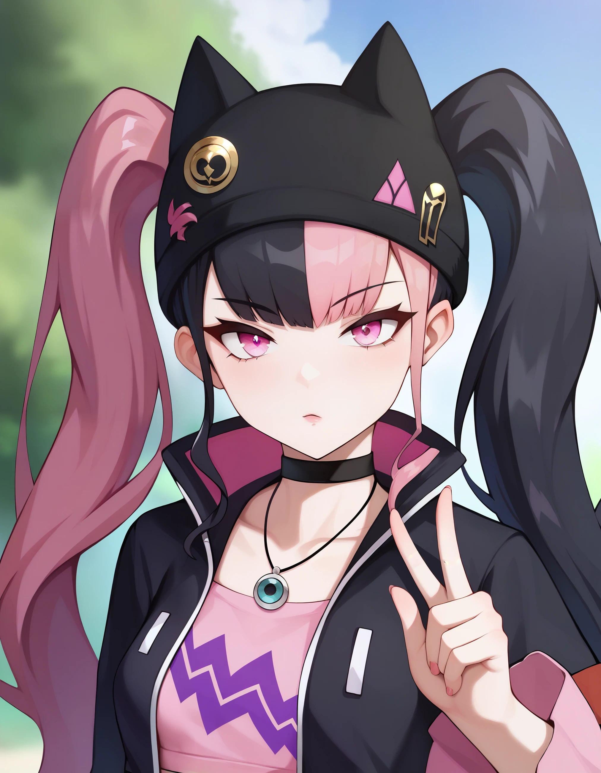 score_9, zoe_rayne, 1girl, solo, pink eyes, asymmetrical legwear, jewelry, twintails, multicolored hair, pink hair, black hair, black jacket, looking at viewer, two-tone hair, choker, hat, long hair, midriff, small breasts, outdoors, upper body <lora:Palworld-Zoe_Rayne:0.8>